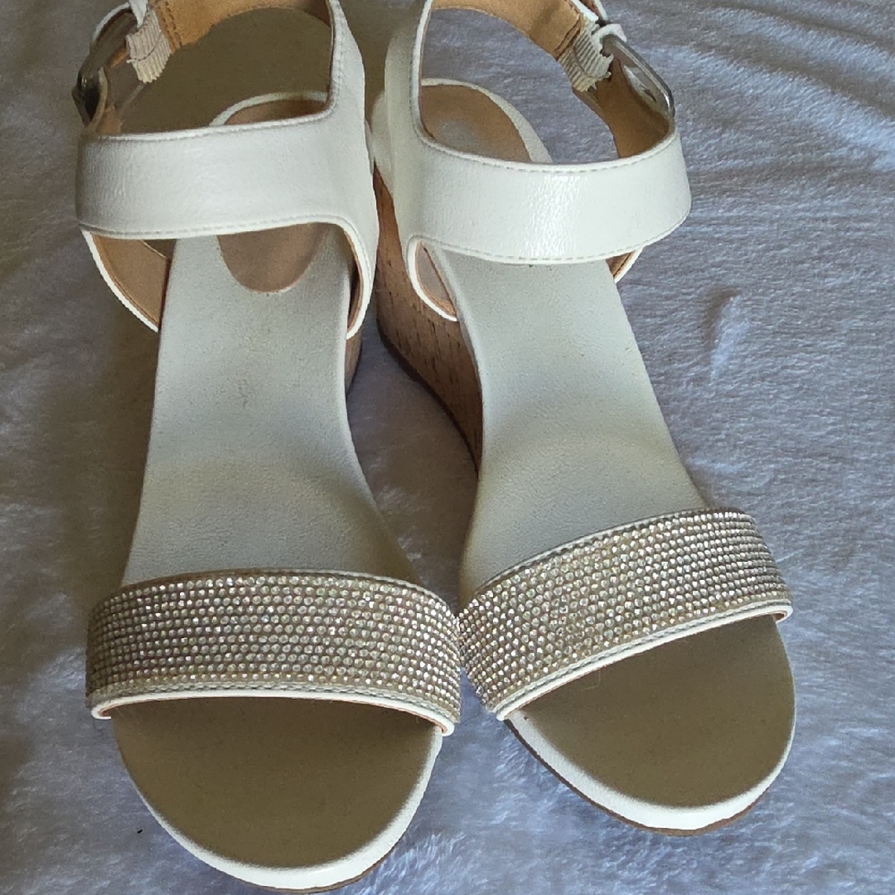 White Mountain Cream Wedge Sandals with Rhinestone Accents
